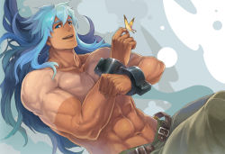 Rule 34 | 00s, 1boy, abs, belt, blue background, blue eyes, blue hair, cuffs, handcuffs, long hair, male focus, matching hair/eyes, muscular, navel, nikumeron, pants, regal bryan, topless male, smile, solo, tales of (series), tales of symphonia, tan, tanline