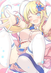 Rule 34 | 1girl, ;d, ahoge, bad id, bad pixiv id, blonde hair, blue eyes, blush, crown, hachimiya meguru, hair ornament, idolmaster, idolmaster shiny colors, long hair, looking at viewer, low twintails, midriff, mini crown, mutsuba fumi, navel, one eye closed, open mouth, outstretched arms, shoes, simple background, smile, solo, star (symbol), thighhighs, twintails, white thighhighs, wrist cuffs