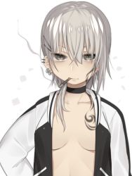 Rule 34 | 1girl, bags under eyes, breasts, choker, cigarette, collarbone, earrings, facial tattoo, female focus, hair ornament, hairclip, jewelry, mofuaki, open clothes, open shirt, original, shirt, silver hair, smoking, solo, tattoo, upper body, white background