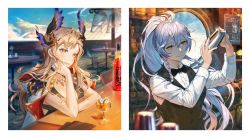 Rule 34 | 2girls, alcohol, alternate costume, bartender, black bow, black dress, black vest, blonde hair, blue sky, border, bow, braid, collared shirt, cup, dress, dress shirt, drinking glass, granblue fantasy, hand on own chin, head wings, high ponytail, highres, ice, ice cube, jacket, jacket on shoulders, jewelry, long hair, looking at another, lu&quot;, mixing, multiple girls, necklace, open mouth, shaking, shirt, silva (granblue fantasy), silver hair, sitting, sky, smile, table, tweyen (granblue fantasy), twin braids, vest, wavy hair, white border, white shirt, wings, wooden floor, yellow eyes