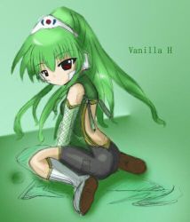 Rule 34 | 00s, 1girl, character name, galaxy angel, green hair, high ponytail, long hair, looking at viewer, looking back, lowres, ponytail, red eyes, simple background, solo, tagme, vanilla h