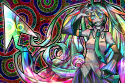 Rule 34 | 1girl, \m/, acid trip, bad id, bad pixiv id, colorful, crazy eyes, detached sleeves, drugged, drugs, grin, hatsune miku, headphones, headset, long hair, multicolored eyes, multicolored hair, necktie, psychedelic, senmu (0107), smile, solo, trippy background, twintails, very long hair, vocaloid