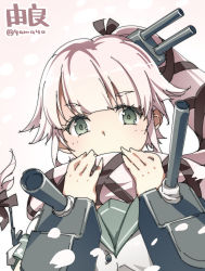 Rule 34 | 10s, 1girl, character name, green eyes, gun, hair ornament, hair ribbon, highres, kantai collection, long hair, looking at viewer, personification, pink hair, ponytail, ribbon, scarf, scarf over mouth, school uniform, serafuku, solo, super zombie, twitter username, weapon, white hair, yura (kancolle)