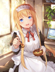 Rule 34 | 1girl, alice zuberg, apron, black dress, blonde hair, blue eyes, blush, commentary request, dress, food, hairband, highres, holding, holding spoon, long hair, looking at viewer, maid, open mouth, smile, solo, soup, spoon, sword art online, taro (ultrataro), very long hair, white apron, white hairband, window