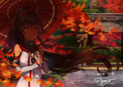 Rule 34 | 10s, 1girl, 2016, bare shoulders, breasts, brown eyes, brown hair, cherry blossoms, closed mouth, dated, detached sleeves, eyebrows, fence, floating hair, flower, gate, gorget, hair flower, hair ornament, hedge, high ponytail, holding, holding umbrella, kantai collection, large breasts, leaf, light rays, long hair, looking at viewer, maple leaf, matching hair/eyes, oil-paper umbrella, outdoors, pajant, ponytail, red theme, shade, signature, solo, umbrella, upper body, very long hair, wooden fence, yamato (kancolle)