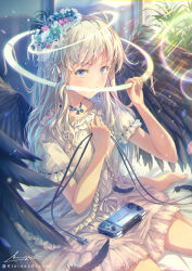Rule 34 | 1girl, angel, angel wings, aqua eyes, barefoot, biting, black feathers, black wings, blue choker, blue eyes, cable, choker, dress, feathered wings, feathers, flower, frilled dress, frills, game console, game over, hair flower, hair ornament, hair ribbon, halo, hand on own chest, highres, holding, holding cable, lens flare, light particles, light rays, long hair, looking at viewer, multiple halos, original, plant, power cord, ribbon, ribbon choker, signature, sitting, solo, soraizumi, tearing up, twitter username, wariza, white dress, white hair, wings