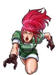 Rule 34 | 1girl, alternate hair color, brown gloves, dark persona, gloves, glowing, glowing eyes, green jacket, green shorts, incoming attack, jacket, leona heidern, lowres, official art, open mouth, orochi leona, ponytail, red hair, s.n.x, short sleeves, shorts, soldier, solo, the king of fighters, yellow eyes