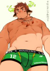 Rule 34 | 1boy, animal ears, boxer briefs, brown hair, edge (company), fiery horns, fire, forked eyebrows, from below, green boxer briefs, green horns, green male underwear, groin, horns, kuro nezumi inu, looking at viewer, male focus, male underwear, navel, nipples, simple background, solo, thick eyebrows, tokyo houkago summoners, underwear, underwear only, wakan tanka, yellow background