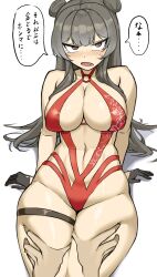 Rule 34 | 1boy, 1girl, absurdres, black gloves, blush, d:, deep skin, double bun, fang, gloves, goddess of victory: nikke, goma., grey hair, hair bun, half gloves, highres, looking at viewer, official alternate costume, one-piece swimsuit, open mouth, red eyes, red one-piece swimsuit, solo, swimsuit, thigh grab, thigh strap, yan (nikke), yan (sunrise market) (nikke)