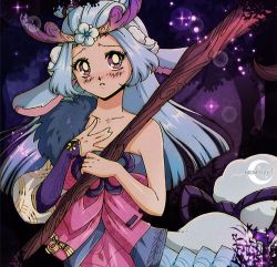 Rule 34 | 1girl, animal ears, antlers, artist name, bare arms, bare shoulders, blue hair, blush, centaur, collarbone, commentary, detached sleeves, english commentary, holding, holding staff, horns, horse ears, japanese clothes, kimono, league of legends, lillia (league of legends), long hair, mcmugget, night, off shoulder, outdoors, parted lips, pink eyes, single bare shoulder, solo, spirit blossom lillia, staff, taur, teeth, tree