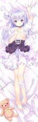 Rule 34 | 1girl, absurdres, arm up, bandaged arm, bandaged leg, bandages, barefoot, bed sheet, black choker, blue eyes, blue hair, blush, book, breasts, choker, closed mouth, collarbone, commentary request, dakimakura (medium), feet, frilled pillow, frilled shirt, frills, full body, hair between eyes, hair ornament, hairclip, hand up, highres, kinokomushi, looking at viewer, lying, on back, one side up, open book, open clothes, open shirt, original, pencil, pillow, puffy short sleeves, puffy sleeves, sheet grab, shirt, short sleeves, silver hair, skirt, small breasts, smile, solo, stuffed animal, stuffed toy, teddy bear, toenails, toes, white shirt, white skirt, x hair ornament
