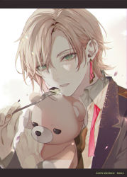 Rule 34 | 1boy, alternate hairstyle, blush, border, brown jacket, cake, character name, collared shirt, earrings, eating, fingernails, food, fork, fuyuomi, hair behind ear, happy birthday, holding, holding fork, holding stuffed toy, holostars, jacket, jewelry, letterboxed, looking at viewer, male focus, neck ribbon, neck ribbon removed, open collar, open mouth, parted bangs, pink hair, pink ribbon, portrait, ribbon, rikka (holostars), shirt, single earring, solo, stuffed animal, stuffed toy, teddy bear, undone neck ribbon, virtual youtuber, white background, white shirt