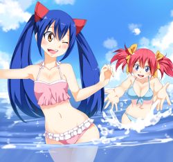 Rule 34 | 2girls, absurdres, bikini, blue bikini, blue eyes, blue hair, breasts, brown eyes, cleavage, day, fairy tail, front-tie top, hair ornament, highres, huge filesize, long hair, multiple girls, navel, one eye closed, open mouth, outdoors, pink bikini, planeptune, red hair, sheria blendy, swimsuit, twintails, wendy marvell