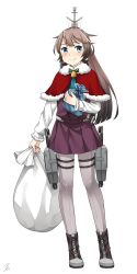 Rule 34 | 1girl, adapted costume, bad id, bad twitter id, bag, bell, blue eyes, blush, boots, brown hair, capelet, cross-laced footwear, dress, full body, fur-trimmed sleeves, fur trim, gift, grey pantyhose, hair ornament, hair ribbon, highres, holding, holding bag, image sample, kantai collection, kazagumo (kancolle), lace-up boots, long hair, long sleeves, looking at viewer, miroku san-ju, necktie, official style, pantyhose, parody, pleated dress, ponytail, ribbon, sack, school uniform, short dress, signature, smile, solo, standing, style parody, thigh strap, torpedo, transparent background