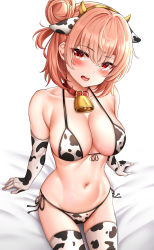 Rule 34 | 1girl, :d, absurdres, animal ears, animal print, arm support, bad perspective, bare shoulders, bed sheet, bell, bikini, black gloves, blush, breasts, cleavage, collar, collarbone, cow ears, cow horns, cow print, cow print bikini, cowbell, cowboy shot, elbow gloves, fake animal ears, fake horns, from above, front-tie bikini top, front-tie top, gloves, hair bun, halterneck, highres, horns, large breasts, looking at viewer, navel, neck bell, open mouth, print bikini, red collar, side-tie bikini bottom, simple background, single hair bun, sitting, skindentation, smile, solo, stomach, sunhyun, swimsuit, teeth, thighhighs, upper teeth only, white background, white gloves, yahari ore no seishun lovecome wa machigatteiru., yuigahama yui