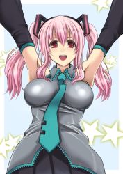 Rule 34 | 1girl, alternate hairstyle, armpits, arms up, breasts, cosplay, deni m, detached sleeves, hatsune miku, hatsune miku (cosplay), highres, necktie, nitroplus, pink hair, red eyes, solo, star (symbol), super sonico, twintails, vocaloid