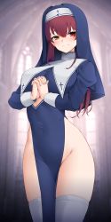 Rule 34 | 1girl, absurdres, alternate costume, blue dress, blush, breasts, church interior, closed mouth, clothing cutout, cross, dress, groin, heterochromia, highres, hololive, houshou marine, houshou marine (nun), large breasts, long hair, looking at viewer, no panties, nun, orange eyes, own hands clasped, own hands together, pelvic curtain, red eyes, red hair, side slit, skindentation, solo, thighhighs, veil, virtual youtuber, white thighhighs, wide hips, z.taiga