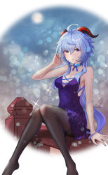 Rule 34 | 1girl, absurdres, ahoge, bad id, bad pixiv id, black pantyhose, blue choker, blue dress, blue hair, blush, breasts, choker, cleavage, collarbone, dress, fence, ganyu (genshin impact), genshin impact, highres, horns, long hair, looking at viewer, low ponytail, medium breasts, moon, no shoes, pantyhose, parted lips, purple eyes, sidelocks, signature, sitting, solo, sparkle, thighband pantyhose, user jruh5233, wooden fence