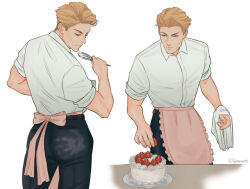 1boy apron black_pants cake food fruit g00miato handprint jujutsu_kaisen male_focus pants pink_apron shirt strawberry whisk white_background white_shirt