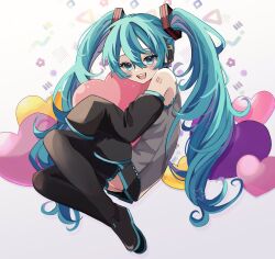 Rule 34 | 1girl, :d, bare shoulders, black footwear, black skirt, black sleeves, blue eyes, blue hair, blush, boots, detached sleeves, dot nose, floating, frilled shirt, frills, from side, full body, grey shirt, hair between eyes, hair ornament, hatsune miku, headset, heart, highres, hugging object, long hair, long sleeves, looking at viewer, miniskirt, naguno-0713, number tattoo, open mouth, pleated skirt, shirt, sidelocks, simple background, skirt, sleeveless, sleeveless shirt, smile, solo, tattoo, teeth, thigh boots, twintails, upper teeth only, very long hair, vocaloid, white background