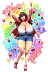 Rule 34 | 1girl, arms up, bare legs, blue eyes, blue shorts, blush, borrowed character, breasts, brown hair, camisole, cleavage, cupcake, double v, erkaz, floral background, food, full body, gigantic breasts, highres, jacket, long hair, open mouth, original, outline, print camisole, rainbow background, red footwear, red jacket, shadow, shoes, shorts, smile, solo, standing, v, veins, veiny breasts, white camisole, white outline, wide hips