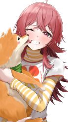 Rule 34 | 1girl, absurdres, ahoge, animal, blush, commentary, crossed bangs, dog, hair between eyes, highres, holding, holding animal, idolmaster, idolmaster shiny colors, komiya kaho, licking, licking another&#039;s cheek, licking another&#039;s face, long sleeves, looking at viewer, medium hair, one eye closed, pdal (pdalhhh), red eyes, red hair, shiba inu, shirt, simple background, smile, striped clothes, striped shirt, turtleneck, turtleneck shirt, upper body, white background, white shirt, yellow shirt, yellow stripes