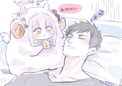 Rule 34 | 1boy, 1girl, absurdres, animal costume, animal ears, bed sheet, bell, blue archive, blush, bow, closed eyes, closed mouth, ekoru, flower, hair flower, hair ornament, halo, highres, horns, lying, mika (blue archive), neck bell, on back, pillow, pink hair, sheep costume, sheep ears, sheep horns, sleeping, smile, sparkle, wings, yellow eyes, zzz