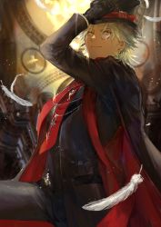 Rule 34 | 1boy, absurdres, amakusa shirou (fate), araya (hachino araya), black gloves, dark-skinned male, dark skin, earrings, fate/apocrypha, fate/grand order, fate (series), feathers, formal, gloves, hat, highres, huge filesize, jewelry, male focus, monocle, necktie, solo, suit, top hat, white hair