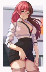 Rule 34 | 1girl, blush, bra, breasts, brown eyes, brown hair, glasses, heterochromia, highres, lainart, large breasts, long hair, looking at viewer, multicolored hair, neo politan, office lady, panties, pencil skirt, pink bra, pink eyes, pink hair, pink panties, rwby, seductive smile, shirt, skirt, smile, solo, thighhighs, thighs, underwear, white shirt