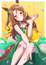 Rule 34 | 1girl, absurdres, animal ears, bare shoulders, brown hair, dress, freely2327, green dress, green nails, highres, horse ears, horse girl, horse tail, king halo (umamusume), looking at viewer, orange eyes, sleeveless, sleeveless dress, smile, solo, tail, umamusume, v, wavy hair, yellow background