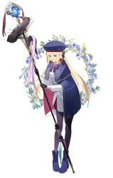 Rule 34 | 1girl, ankle boots, artoria caster (fate), artoria caster (second ascension) (fate), artoria pendragon (fate), beret, black bow, black gloves, black pantyhose, blonde hair, blue bow, blue bowtie, blue cape, blue capelet, blue cloak, blue hat, boots, bow, bowtie, buttons, cape, capelet, cloak, double-breasted, fate/grand order, fate (series), flower, full body, gloves, green eyes, hair bow, hat, highres, holding, holding staff, hood, hooded cape, multicolored cape, multicolored capelet, multicolored cloak, multicolored clothes, ninjin (ne f g o), pantyhose, simple background, solo, staff, tassel, white background