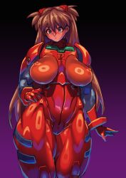 Rule 34 | 1girl, alternate breast size, blue eyes, bodysuit, breasts, brown hair, hair between eyes, hand on own hip, highres, large breasts, lips, long hair, muscular, muscular female, neon genesis evangelion, plugsuit, red bodysuit, sashizume soutarou, shiny clothes, simple background, solo, souryuu asuka langley, standing, two side up, very long hair, wide hips