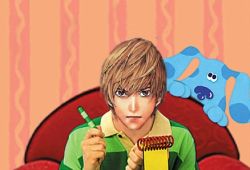 Rule 34 | 1boy, blue&#039;s clues, blue (blue&#039;s clues), blue theme, couch, crayon, crossover, death note, dog, lowres, male focus, notebook, parody, real life, red upholstery, shirt, solo, steve (blue&#039;s clues), striped clothes, striped shirt, third-party edit, upper body, yagami light