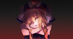 Rule 34 | akai haato, akai haato (1st costume), blonde hair, breasts, closed eyes, collared shirt, crossed arms, gradient background, grenouilll, hair ornament, hair ribbon, headless, heart, heart hair ornament, highres, holding head, hololive, large breasts, red ribbon, ribbon, sailor collar, school uniform, severed head, shirt, short sleeves, twintails, virtual youtuber, white shirt