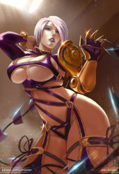 Rule 34 | 1girl, armor, breasts, hair over one eye, impossible clothes, isabella valentine, koshiosaur, large breasts, navel, patreon, revealing clothes, silver hair, single gauntlet, solo, soul calibur, soulcalibur iv, stomach, underboob, whip, whip sword