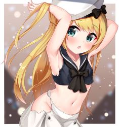 Rule 34 | 1girl, 2drr, :o, adapted costume, aqua eyes, arched back, black bow, black sailor collar, black shirt, blonde hair, blush, bow, breasts, collarbone, cowboy shot, crop top, dutch angle, groin, hands in hair, hat, hat bow, hip vent, jervis (kancolle), kantai collection, light particles, long hair, looking at viewer, navel, no panties, open mouth, outside border, sailor collar, sailor hat, shirt, sideboob, skirt, sleeveless, small breasts, solo, standing, stomach, tareme, torn clothes, torn shirt, torn skirt, very long hair, white hat, white skirt