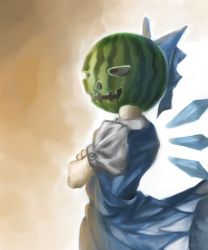 Rule 34 | 1girl, bad id, bad pixiv id, blue dress, bow, cirno, commentary request, cosplay, crossed arms, dress, food, fruit, hair bow, halloween, halloween costume, ice, ice wings, jack-o&#039;-lantern, jack-o&#039;-lantern (cosplay), melon, nagayo, puffy short sleeves, puffy sleeves, shirt, short sleeves, solo, touhou, wings