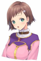 Rule 34 | 1girl, breasts, brown hair, green eyes, hair ornament, hairclip, looking at viewer, murata tefu, open mouth, short hair, simple background, solo, sophia esteed, star ocean, star ocean till the end of time, white background