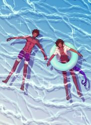 Rule 34 | 2boys, abs, alternate costume, arjuna (fate), arjuna alter (fate), brown hair, closed eyes, collarbone, dark-skinned male, dark skin, fate/grand order, fate (series), fuka (hk nemo), full body, hair between eyes, highres, in water, male focus, multiple boys, navel, open hands, outdoors, partially immersed, simple background, smile, sparkle, swimming, swimsuit, tail, toned, toned male, water, wet