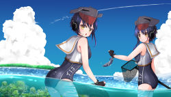 Rule 34 | 2girls, ass, asymmetrical hair, black hair, black one-piece swimsuit, blue sky, brown eyes, character name, cloud, contrail, coral, crop top, fish, framed breasts, gloves, hair between eyes, headphones, i-13 (kancolle), i-14 (kancolle), kantai collection, looking at viewer, multiple girls, neckerchief, net, one-piece swimsuit, open mouth, partially fingerless gloves, sailor collar, satsukikyo, school swimsuit, short hair, single glove, sky, smile, swimsuit, water