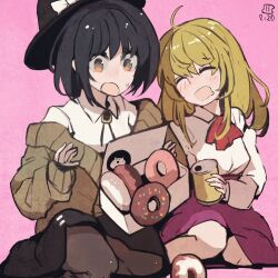 Rule 34 | 2girls, ahoge, black hair, black headwear, black skirt, blonde hair, blush, bow, brown eyes, can, closed eyes, collared shirt, dated, doughnut, drooling, food, hat, hat bow, holding, holding can, long hair, long sleeves, maaru (akira428), maribel hearn, mouth drool, multiple girls, one-hour drawing challenge, open mouth, pink background, purple skirt, shirt, signature, simple background, skirt, smile, touhou, usami renko, white bow, white shirt