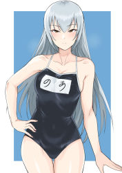 Rule 34 | 1girl, blush, breasts, brown eyes, competition school swimsuit, hand on own hip, highres, idolmaster, idolmaster cinderella girls, long hair, looking at viewer, one-piece swimsuit, school swimsuit, silver hair, simple background, solo, swimsuit, takamine noa, tsurui