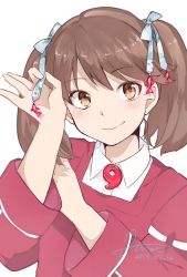 Rule 34 | 1girl, brown hair, commentary request, dated, fish, hair ornament, hair ribbon, highres, hiroi09, japanese clothes, kantai collection, kariginu, looking at viewer, magatama, red shirt, ribbon, ryuujou (kancolle), shirt, signature, simple background, smile, solo, twintails, upper body, white background