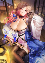 Rule 34 | 1girl, absurdres, black gloves, black thighhighs, blonde hair, blush, breasts, cleavage, closed mouth, covered navel, crossed legs, garter straps, gloves, goddess of victory: nikke, hair ribbon, highres, japanese clothes, kimono, kuroi suna, large breasts, long hair, looking at viewer, ludmilla (nikke), ludmilla (winter owner) (nikke), official alternate costume, panties, pantyshot, parted bangs, red eyes, ribbon, smile, smug, solo, thick thighs, thighhighs, thighs, underwear