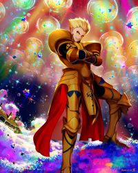 Rule 34 | 1boy, armor, blonde hair, boots, crossed arms, dated, earrings, fate/grand order, fate/stay night, fate (series), full body, gate of babylon (fate), gilgamesh (fate), gloves, gold armor, grin, highres, house, jewelry, looking at viewer, male focus, pauldrons, pi (p77777778), red eyes, saint quartz (fate), shoulder armor, smile, solo, sparkle, standing