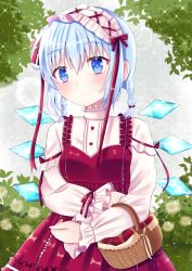 Rule 34 | 1girl, :/, alternate costume, alternate hairstyle, bad id, bad pixiv id, basket, blouse, blue eyes, blue hair, blush, braid, cirno, commentary request, cowboy shot, dress, food, fruit, grey background, hair between eyes, hairband, head tilt, hedge, high collar, layered sleeves, lens flare, lolita fashion, lolita hairband, long sleeves, looking at viewer, nibosi, pinafore dress, pink shirt, red dress, shirt, short hair, sleeveless dress, solo, sparkle, standing, strawberry, sweet lolita, touhou, tree, twin braids, wings