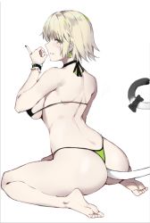 Rule 34 | 1girl, alios arvin, anal, anal object insertion, anal tail, arm up, ass, barefoot, bikini, black bikini, black nails, blonde hair, breasts, butt plug, cat tail, commentary request, earrings, fake tail, fate (series), feet, fellatio gesture, from behind, full body, green bikini, handjob gesture, jeanne d&#039;arc (fate), jeanne d&#039;arc alter (avenger) (fate), jeanne d&#039;arc alter (fate), jewelry, large breasts, looking at viewer, looking back, nail polish, naughty face, object insertion, pinky out, sex toy, short hair, simple background, sitting, soles, solo, string bikini, swimsuit, tail, thong bikini, two-tone bikini, wariza, white background, yellow eyes