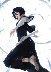 Rule 34 | 1girl, :o, absurdres, black eyes, black hair, black hakama, bleach, from side, hair between eyes, hakama, highres, holding, holding sword, holding weapon, japanese clothes, kuchiki rukia, long hair, long sleeves, looking at viewer, mitarashi (5333069), open mouth, running, sheath, short hair, solo, sword, unsheathed, weapon, white background, white sleeves