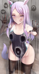 Rule 34 | 1girl, absurdres, against fourth wall, against glass, animal ears, bad id, bad pixiv id, bare shoulders, big shine, black gloves, black one-piece swimsuit, black thighhighs, blush, breasts, cheek squash, closed mouth, collarbone, condensation, elbow gloves, glass writing, gloves, highleg, highleg swimsuit, highres, horse ears, horse girl, horse tail, long hair, looking at viewer, mejiro mcqueen (umamusume), one-piece swimsuit, parted bangs, purple eyes, purple hair, small breasts, solo, swept bangs, swimsuit, tail, thighhighs, thighs, umamusume, wide hips, window fog