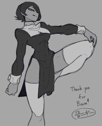 Rule 34 | 1girl, absurdres, bone nig, english text, grey background, greyscale, hair over one eye, highres, leg up, looking at viewer, monochrome, narrow waist, nerine (explosifchoker), nun, original, short hair, side slit, signature, simple background, smile, solo, standing, standing on one leg, thighhighs
